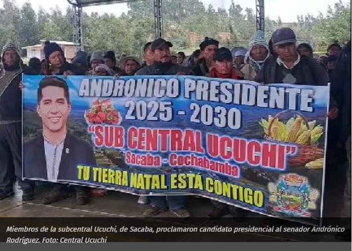 Miembros de la subcentral Ucuchi, de Sacaba, proclamaron candidato presidencial al senador Andrónico Rodríguez. Foto: Central Ucuchi